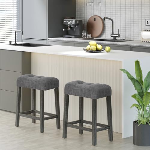 GIANTEX 24" Saddle Bar Stools Set of 2, Farmhouse Button Tufted Barstools