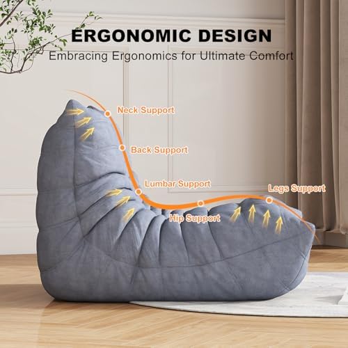 Bean Bag Chair for Adults, Memory Foam Bean Bag Sofa with Waterproof Fabric | Grey, armless lounge shape with no wall support, ideal for apartments, reading nooks, gaming rooms, and movie nights