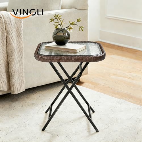 VINGLI 18in Modern Brown Rattan Folding Glass Outdoor Side Table, Small Patio Table with Tempered Glass Top,Rectangular,1 Pack