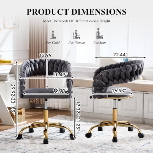 NIOIIKIT Woven Home Office Chair, Velvet Swivel Desk Vanity Chair, Grey