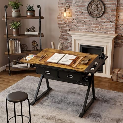 Adjustable Drawing Table with 2 Drawers & Stool, for Art & Work