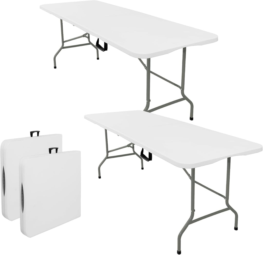 Set of 2 Folding Tables with Carrying Lightweight Rectangular Portable Plastic Camping Table Steel Legs for Party, Dining, Wedding, Events, Picnic, Outdoor (5FT, White)