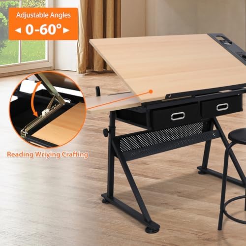 JupiterForce Drafting Table Art Desk with 2 Storage Drawers, Height Adjustable Drawing Table for Painters, Working, Writing, Home Office, Natural