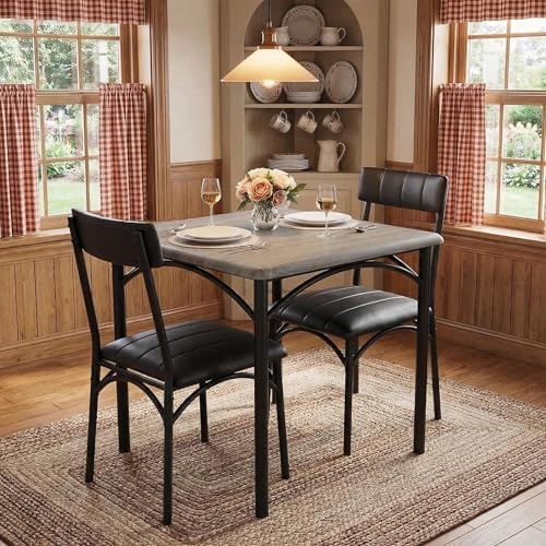 GAOMON Dining Table Set for 2, Kitchen Table and Chairs for 2 with Upholstered Chairs, 3 Piece Dining Room Table Set, Square Kitchen Table Set for Small Space, Apartment, Studio, Rustic Gray