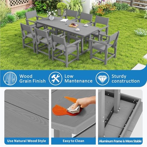 9-Piece HDPE Outdoor Patio Dining Set,Outdoor Table and Chairs,Modern Plastic Dining Sets with Umbrella Hole Cut-Out Table and 8 Chairs Gray