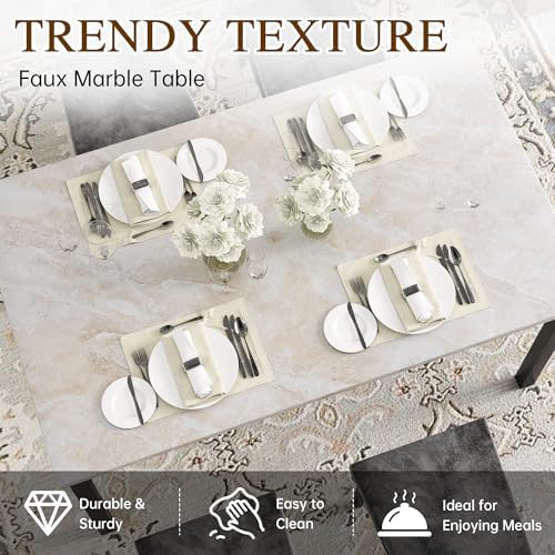 Hooseng Dining Table Set for 4, Faux Marble Small Kitchen Table Chairs Set of 4 with Luxurious Button Tufted Dinner Chairs for Kitchen and Dining (Beige)