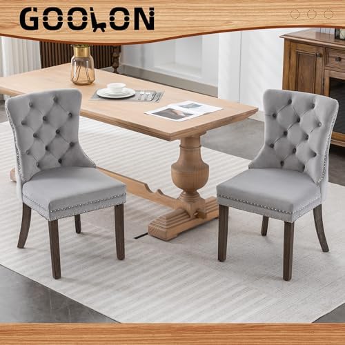 Velvet Dining Room Chairs Set of 2, Button Tufted, Wood Legs, Light Gray