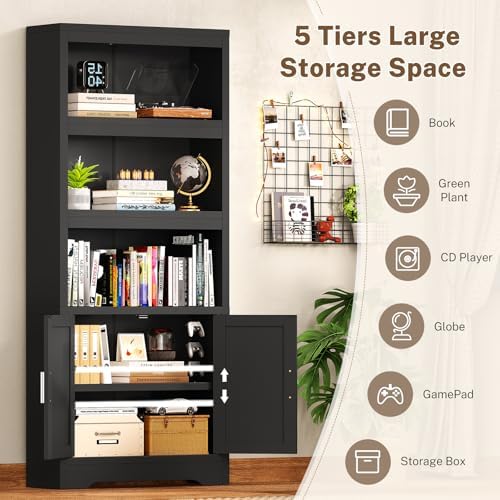Book Shelf and Bookcase with Doors, 5-Tier Display Storage Cabinet with Adjustable Shelves, Open Compartments, Remote Control LED Lights, Tall cabinet for Bathroom Kitchen Living Room, Home Office