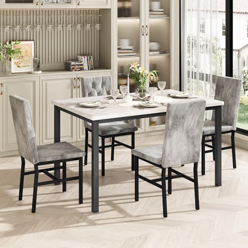 Hooseng Dining Table Set for 4, Faux Marble Small Kitchen Table Chairs Set of 4 with Luxurious Button Tufted Dinner Chairs for Kitchen and Dining (Beige)