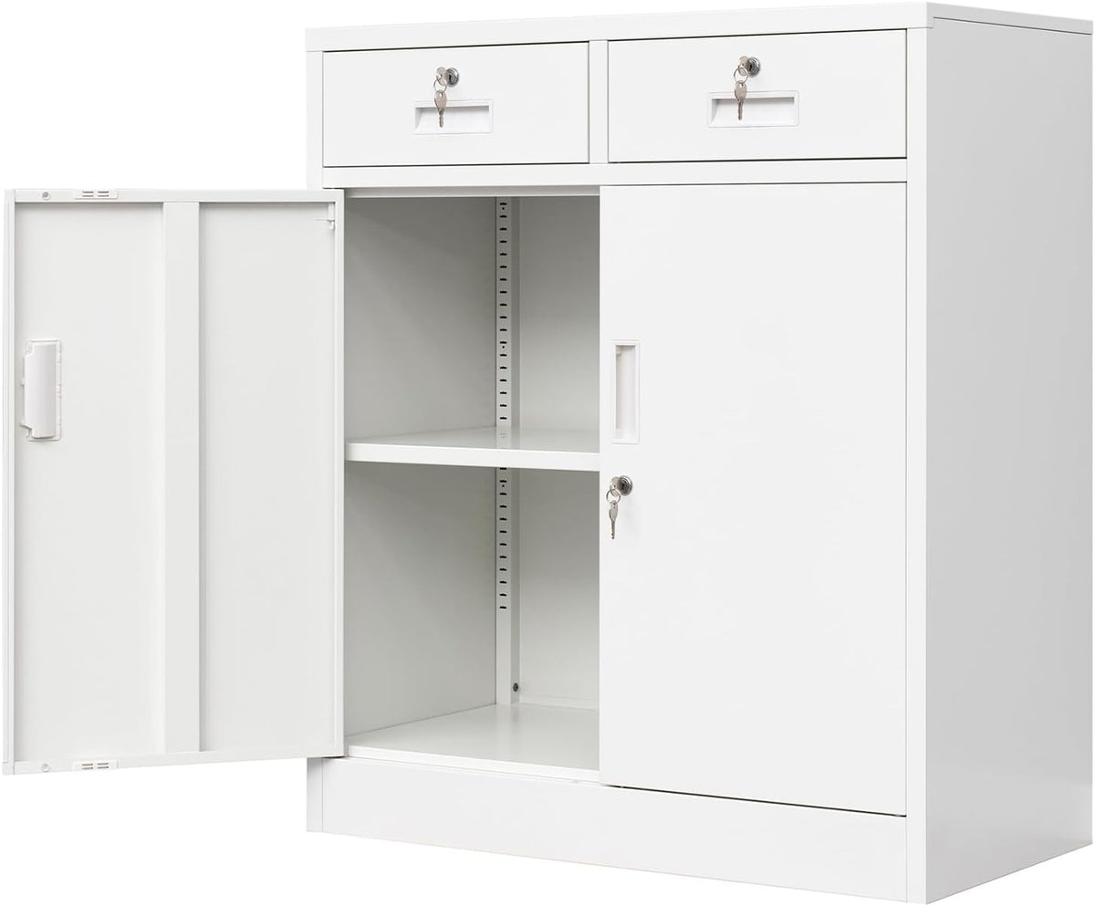 Wanfu Metal Storage Cabinet, Locking Storage Cabinet with Adjustable Shelf, 36" H Metal Cabinets with 2 Drawers for Office, Garage, Home-White