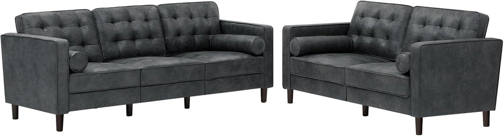Suede Leather Upholstered Sofa Set with Tufted Backrests, Grey