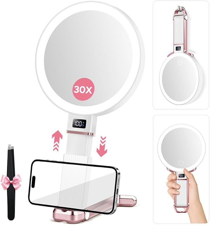30X Travel Magnifying Mirror with Light, Height Adjustable Vanity Mirror with...