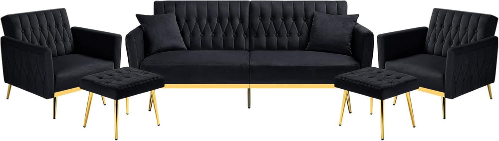 3 Pieces Velvet Sofa Set w/Adjustable Armrest &Backrest,Black