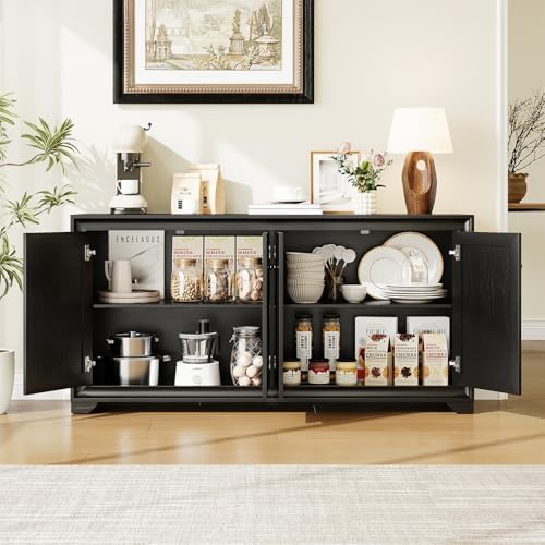 ONBRILL 60" Buffet Cabinet with Storage, 4 Doors & Adjustable Shelves Black