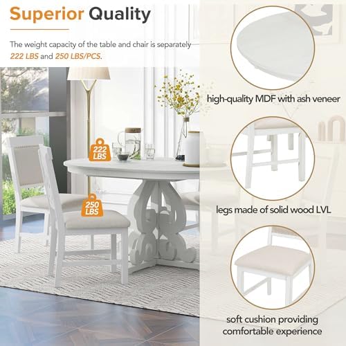 Extendable Dining Table Set for 4-6, Farmhouse Kitchen Table Set with Extendable Round Dining Table & 4 Upholstered Chairs, Solid Wood Table and Chairs Set for Kitchen, Dining Room, Antique White