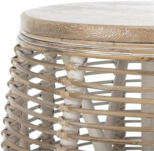 SAFAVIEH Maui Rattan Accent Stool, 16.93" Coastal Grey White Wash STL6500A