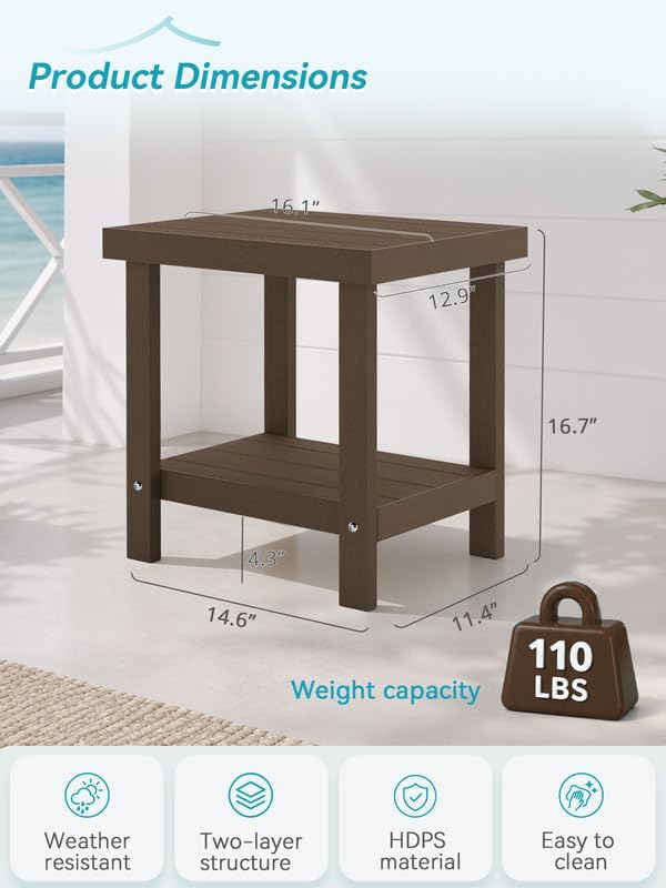 HDPS Small Outdoor Side Table, 2 Tier Patio Table with Storage Shelf, Brown