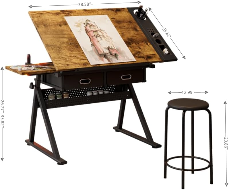 Drafting Table Art Table Adjustable Drawing Table Tilted Tabletop, Craft Table, with Storage Drawers and Stool, Crafting Desk with Storage for Painting Diamond Reading Writing Study (Black B)