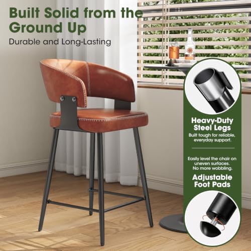 26" Counter Height Bar Chairs Set of 2, Padded Island Chairs, Brown