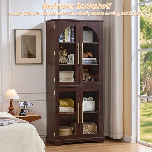 Joaxswe 68" Tall Bookcase with 4 Glass Doors, Farmhouse 5 Tire Bookshelf