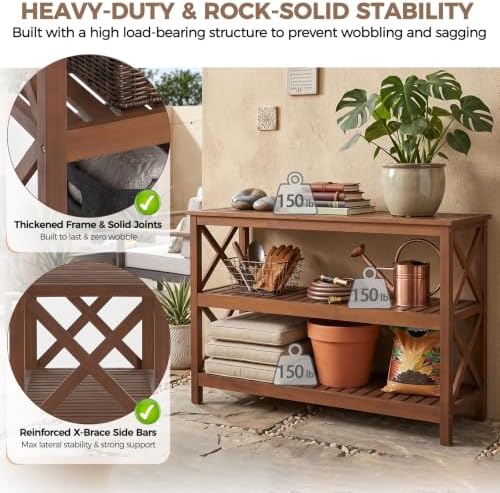 SUPER DEAL 48 in Solid Wood Console Table, 3-Shelf Wooden Outdoor Side Table with Adjustable Feet, Multifunctional Buffet Bar Storage Organizer for Indoor Patio Porch and Entryway, Espresso