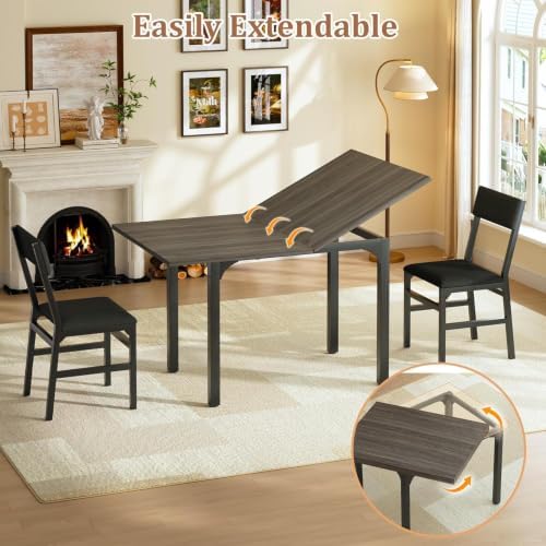 HUAHUU 5-Piece Dining Table Set for 4, Extendable Kitchen Table Set with 4 Upholstered Cushion Chairs, Rectangle Table with Metal Frame & MDF Board, Folding Space-Saving for Small Apartment, Gray