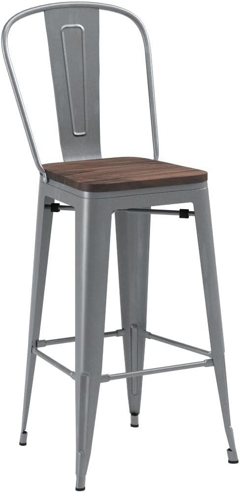 Bar Stools Set of 4, 30" Metal Bar Height Stools with Back Silver