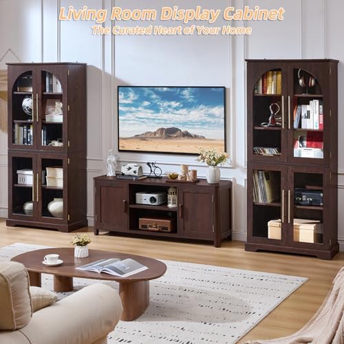 Joaxswe 68" Tall Bookcase with 4 Glass Doors, Farmhouse 5 Tire Bookshelf