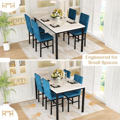 Recaceik Dining Table Set for 4, Modern 5 Piece Dining Table Set Faux Marble Kitchen Table & 4 Velvet Upholstered Chairs, Dining Room Set for Small Space