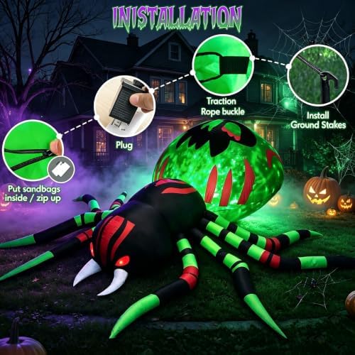 11FT Halloween Inflatables Spider Outdoor Decorations for Yard, Giant Blow up Green Spider with Rotating Fire Flame Light, Large Spooky Spider for Halloween Party Garden Lawn House Holiday Decor