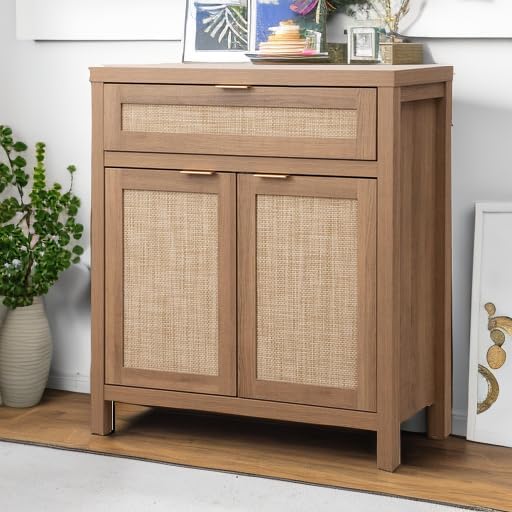 SICOTAS Buffet Cabinet Sideboard with Storage, Rattan Accent Cabinet