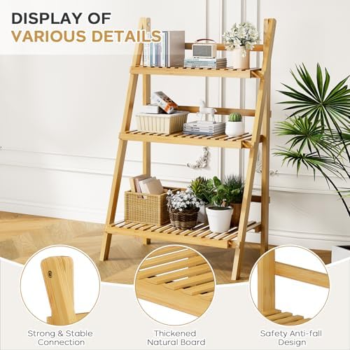 Foldable Ladder Shelf 39.4", Plant Shelf 3 Tier, Bamboo Ladder Bookshelf