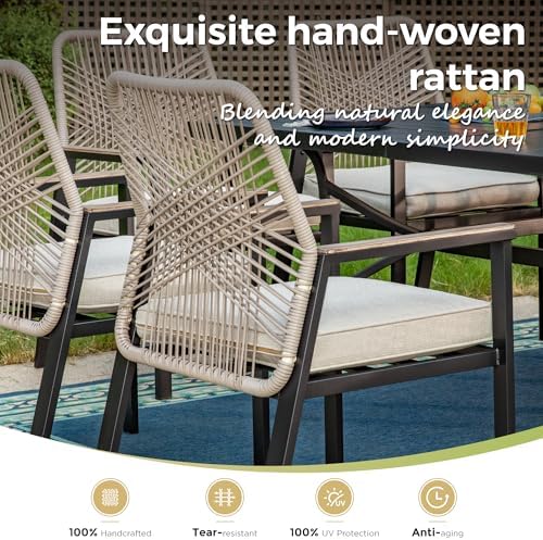MIXPATIO 5pc Patio Dining Set, 42" Round Metal Table, 4 Rattan Chairs