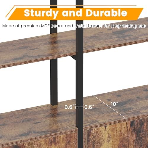 Arched Bookshelf and Bookcase with 3 Cabinets, Triple Wide 5 Tier Standing Book Shelf, Storage Display Rack Shelves, Industrial Open Bookshelf, Etagere Bookcase, Brown+Black