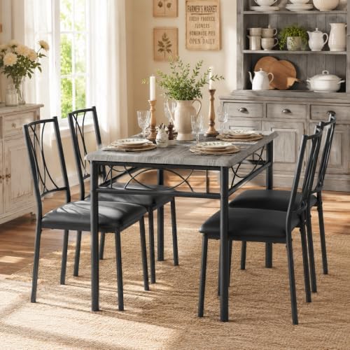 CABIHOME Dining Table Set - 5 Piece Rectangle Kitchen Table with 4 Upholstered Chairs, Perfect for Small Spaces & Apartments - Retro Gray