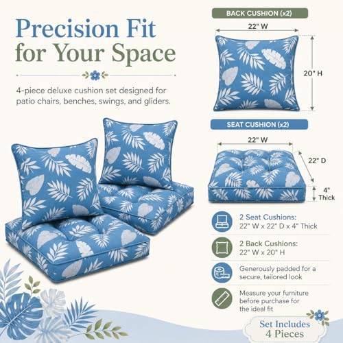 Outdoor Seat Cushions Set of 2 (Blue Leaf, 22"x22")