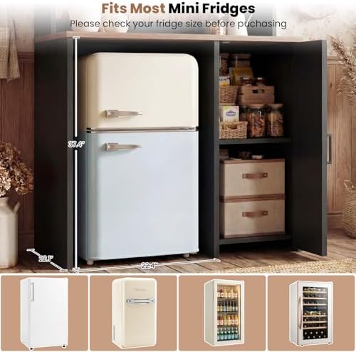 Unikito Mini Fridge Cabinet with Storage, Power Outlet & LED Light, Black