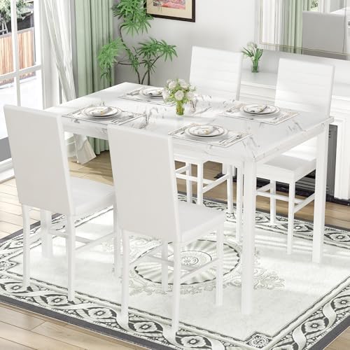 Hooseng Dining Table Set for 4, 5-Piece Faux Marble Dinner Table Set with 4 Upholstered PU Leather Chairs Kitchen Table Chairs Set Modern Space-Saving Dinette Set for Breakfast Nook Apartment White