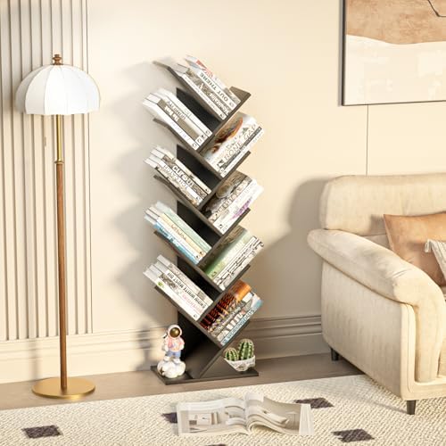 10 Tier Tree Book Shelf, Floor Standing Wood Bookshelf for Narrow Space