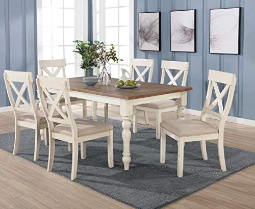 Roundhill Furniture Prato 7-Piece Dining Table Set with Cross Back Chairs, Antique White and Distressed Oak