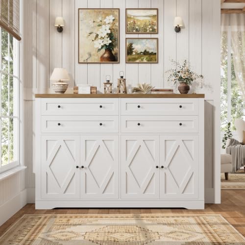 HOSTACK 55"W Kitchen Buffet Sideboard Cabinet with 4 Storage Drawers, White