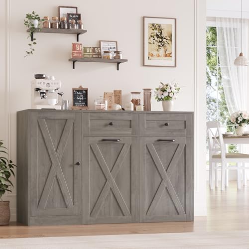 HOSTACK 12.5 Gallon Trash Can Cabinet, 47" W Dual Garbage Can Cabinet, Grey