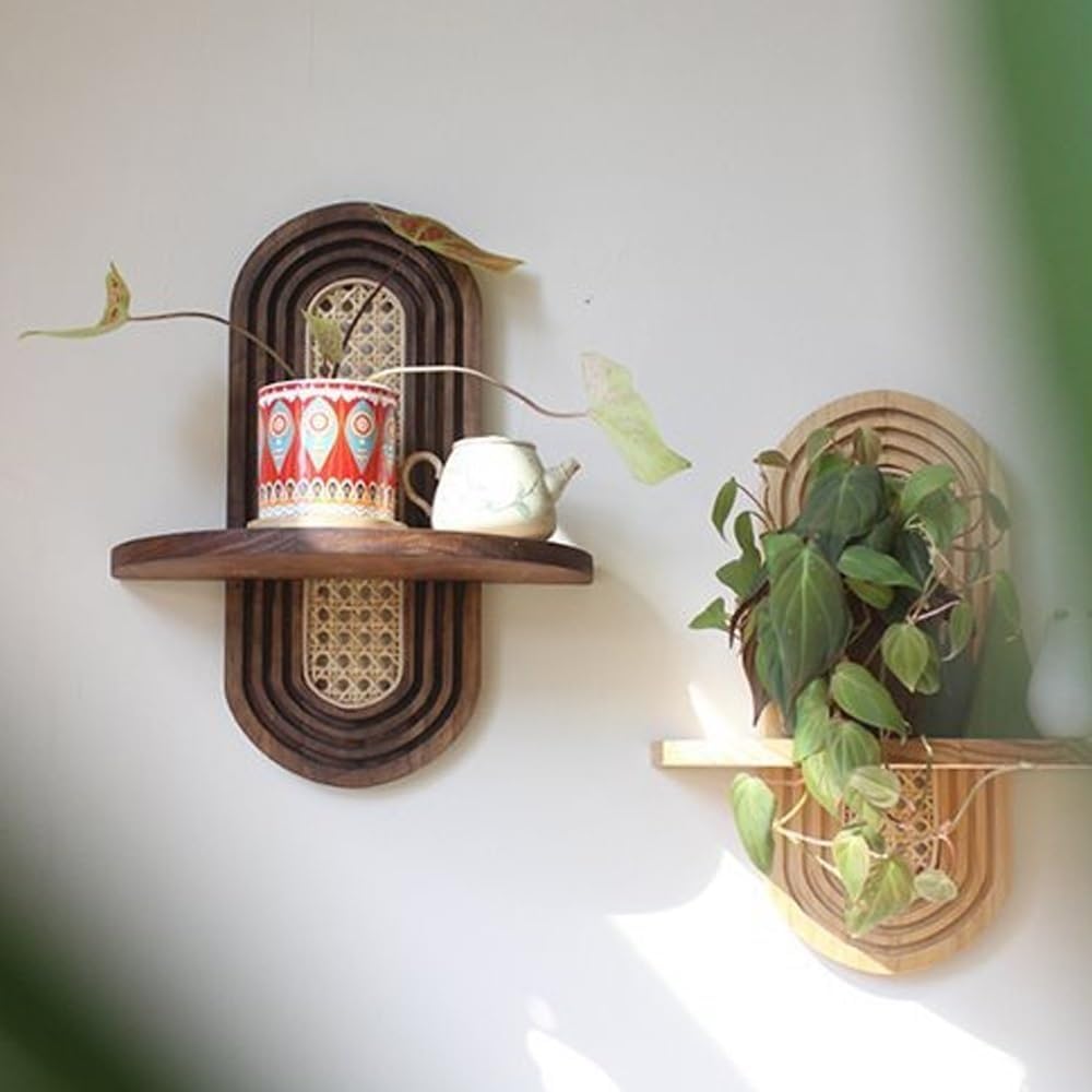 Arch Rattan Floating Shelf, Mid-Century Wood Wall Mounted, Bohemian Hanging S...