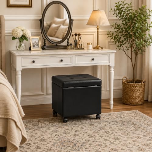 Adeco 17" Storage Ottoman Modern Tufted Faux Leather with Wheels, Black