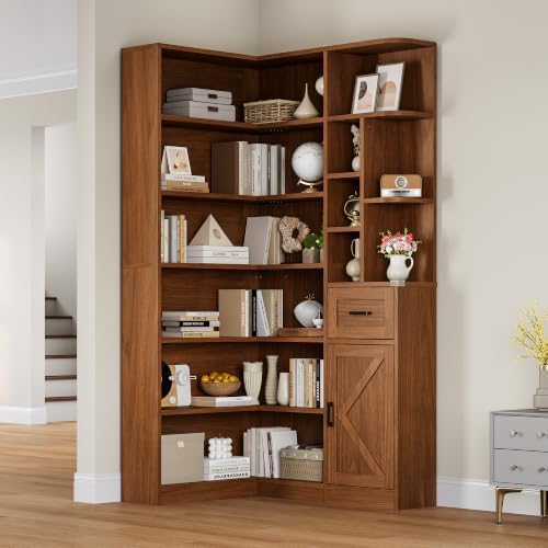 Garvee 74'' Tall Corner Bookshelf- 6-Tier Book Shelf with Drawer & Cabinet