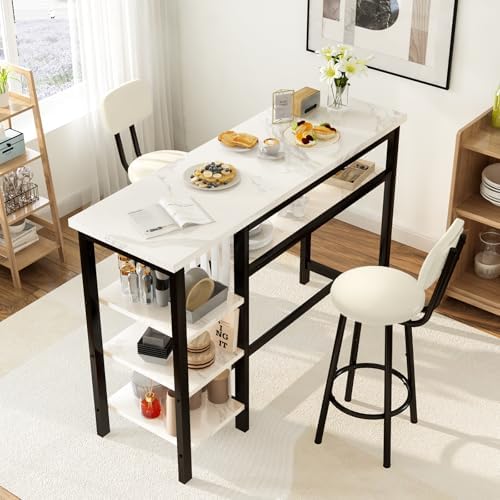 Lamerge Furniture Kitchen Bar Height Table and Chairs for 2, 5-Tier Compact Dining Room Table, White Faux Marble Top and 2 PU Leather Upholstered Seat Black Frame, Modern Dining Set for Home & Office