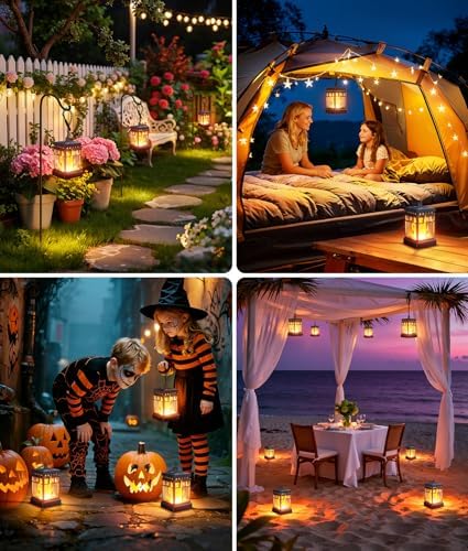 KOOPER Hanging Solar Lanterns Outdoor Waterproof, 4PCS Flickering Flame Hanging Solar Lights for Outside, Outdoor Solar Lanterns up to 12 Hours, Halloween Lanterns Decorative for Patio Yard Garden