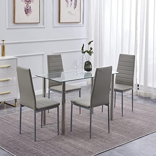 Dining Table Set for 4, 5 Piece Kitchen Table and Chairs for Dinette, Apartment, Compact Space-Saving w/Tempered Glass Tabletop and 4 Upholstered Chairs, Clear/Silver+Gray