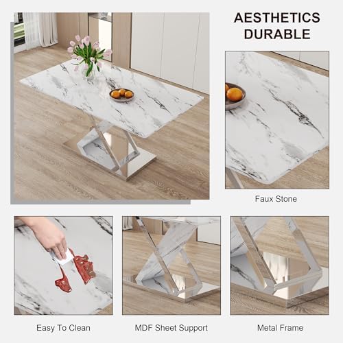 Marble Dining Table Set for 4,63 in White Rectangular Table with Sliver Metal X-Shaped Frame and 4 Black Leather Dining Chairs,ModernTable and Chairs for Kitchen Dining Room,Restaurant