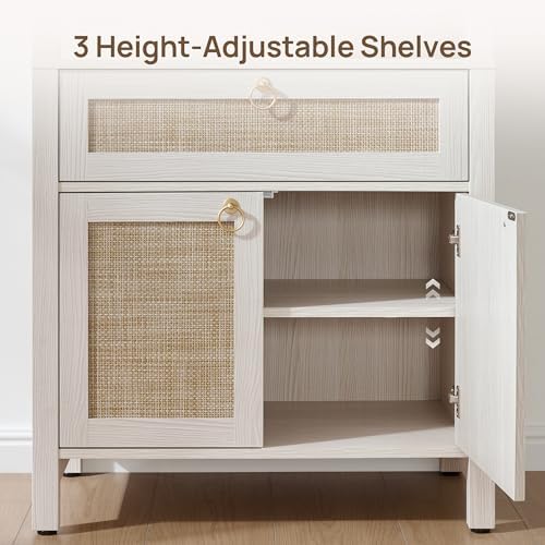 SICOTAS 68.5" Tall Boho Large White Rattan Bookshelf with Drawer and Doors
